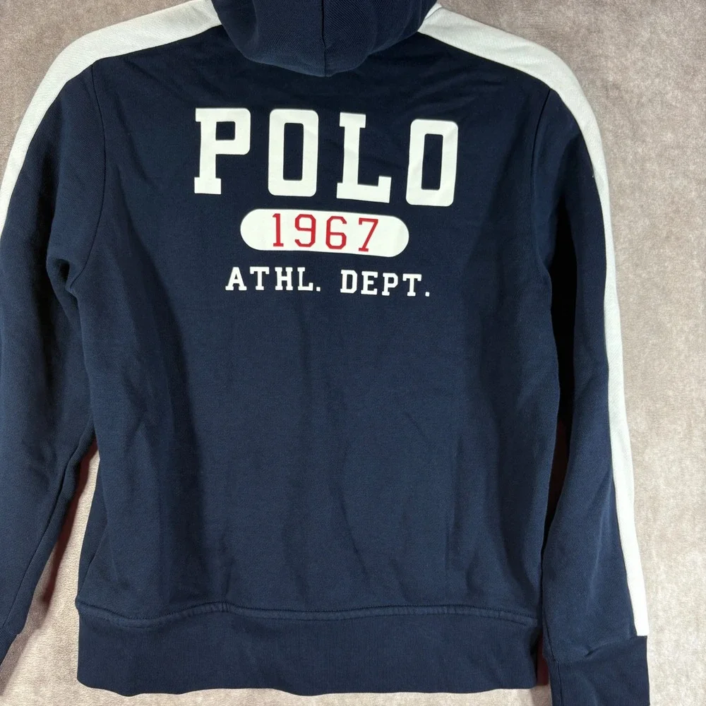 Polo Ralph Lauren Hoodie Sweater Boys M 10-12 Navy Logo Fleece Zip Preppy Active